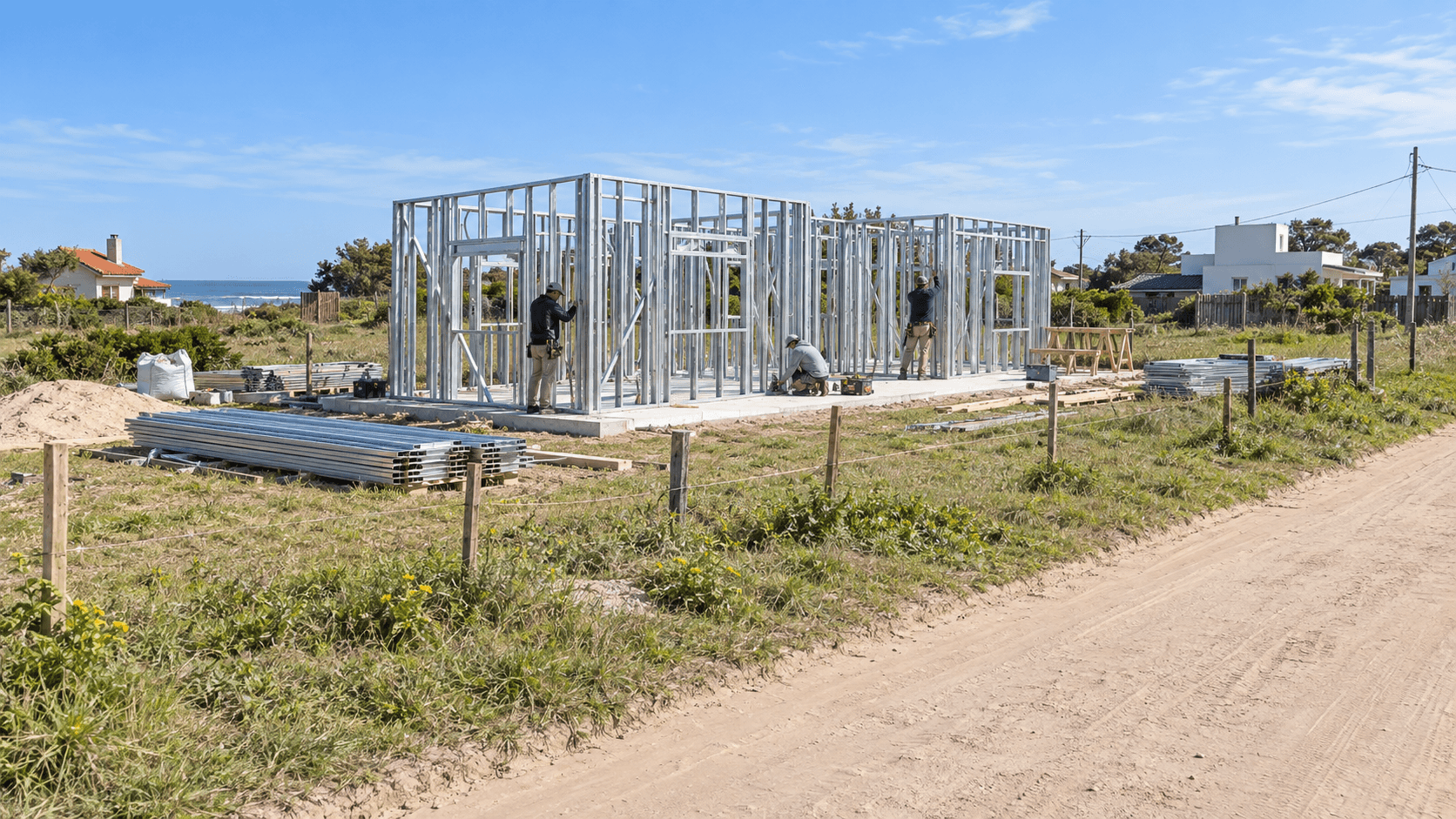 Representación de una vivienda de steel framing en construcción sobre un lote costero