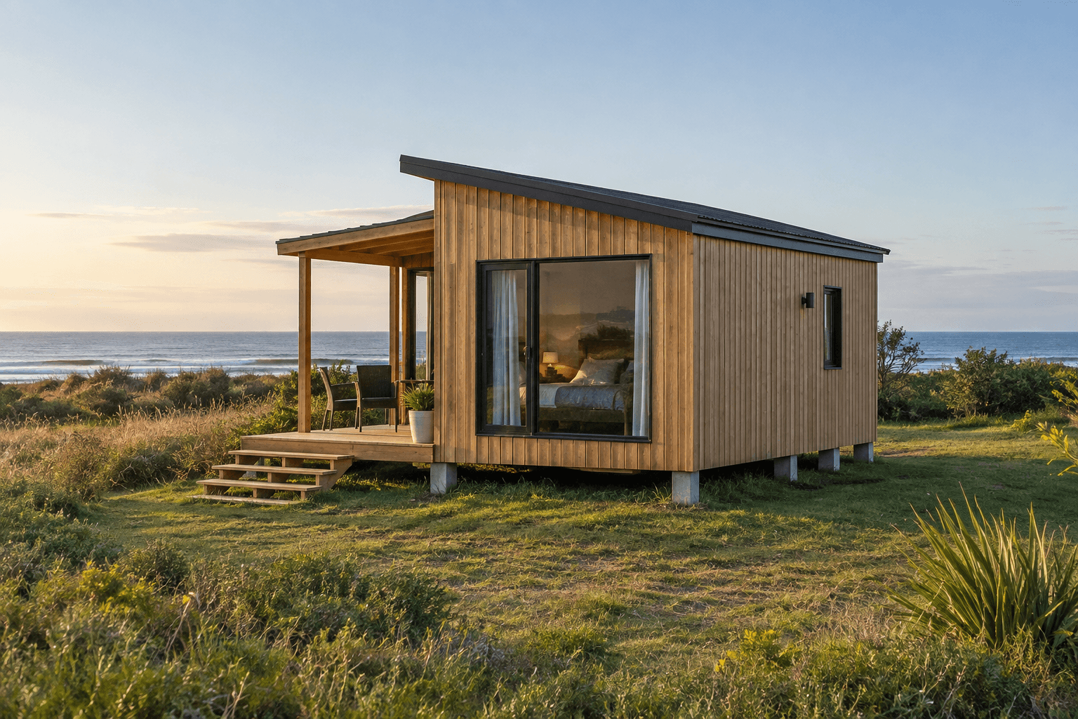 Tiny house de madera compacta en un terreno costero