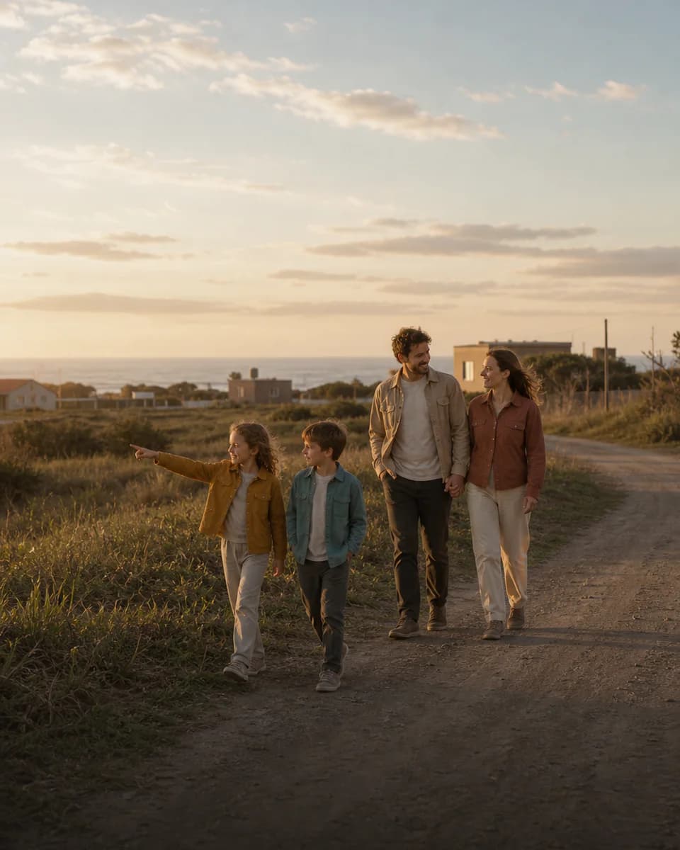 Familia caminando por una calle tranquila próxima a la costa de Miramar