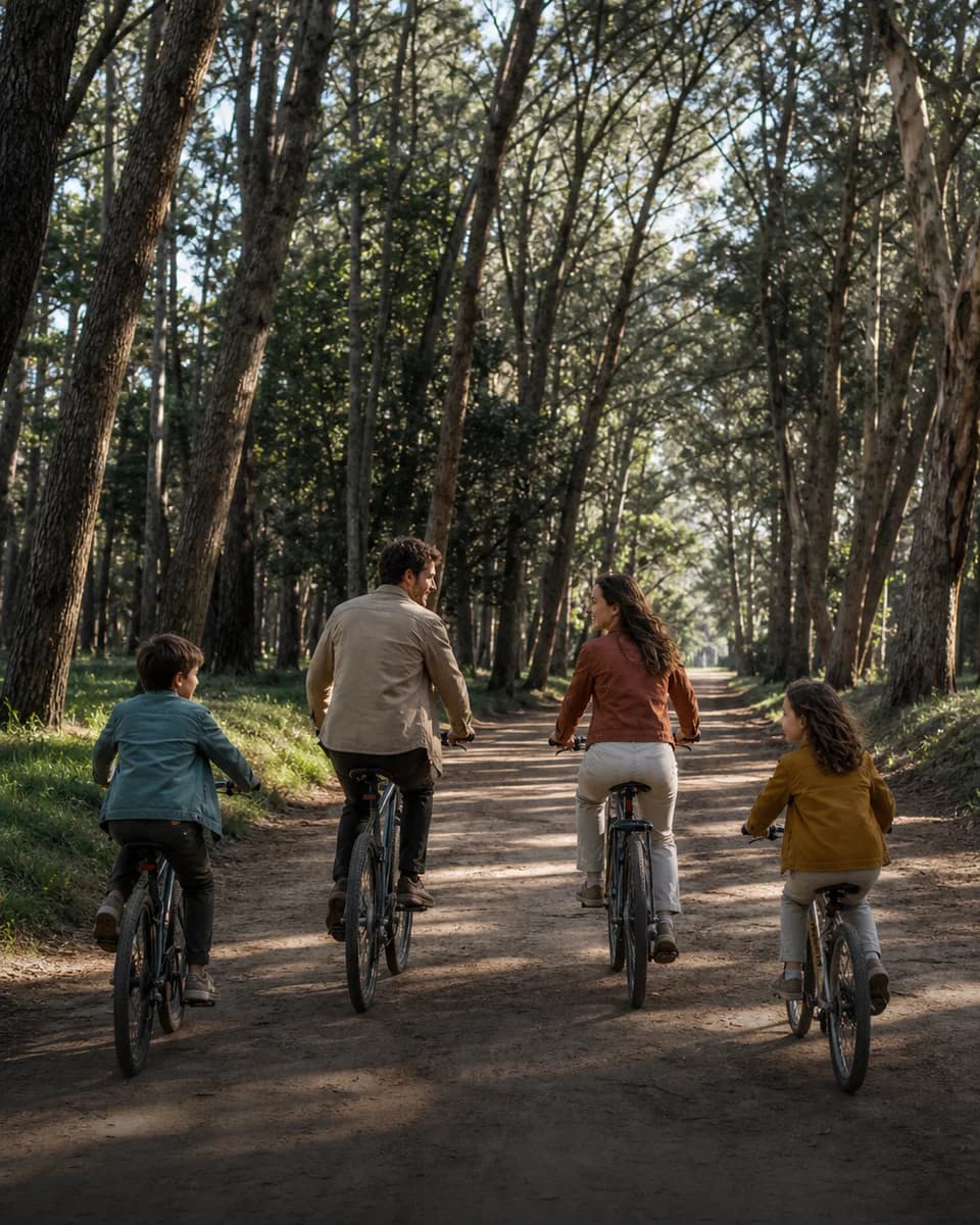 Familia recorriendo en bicicleta un camino arbolado de Miramar