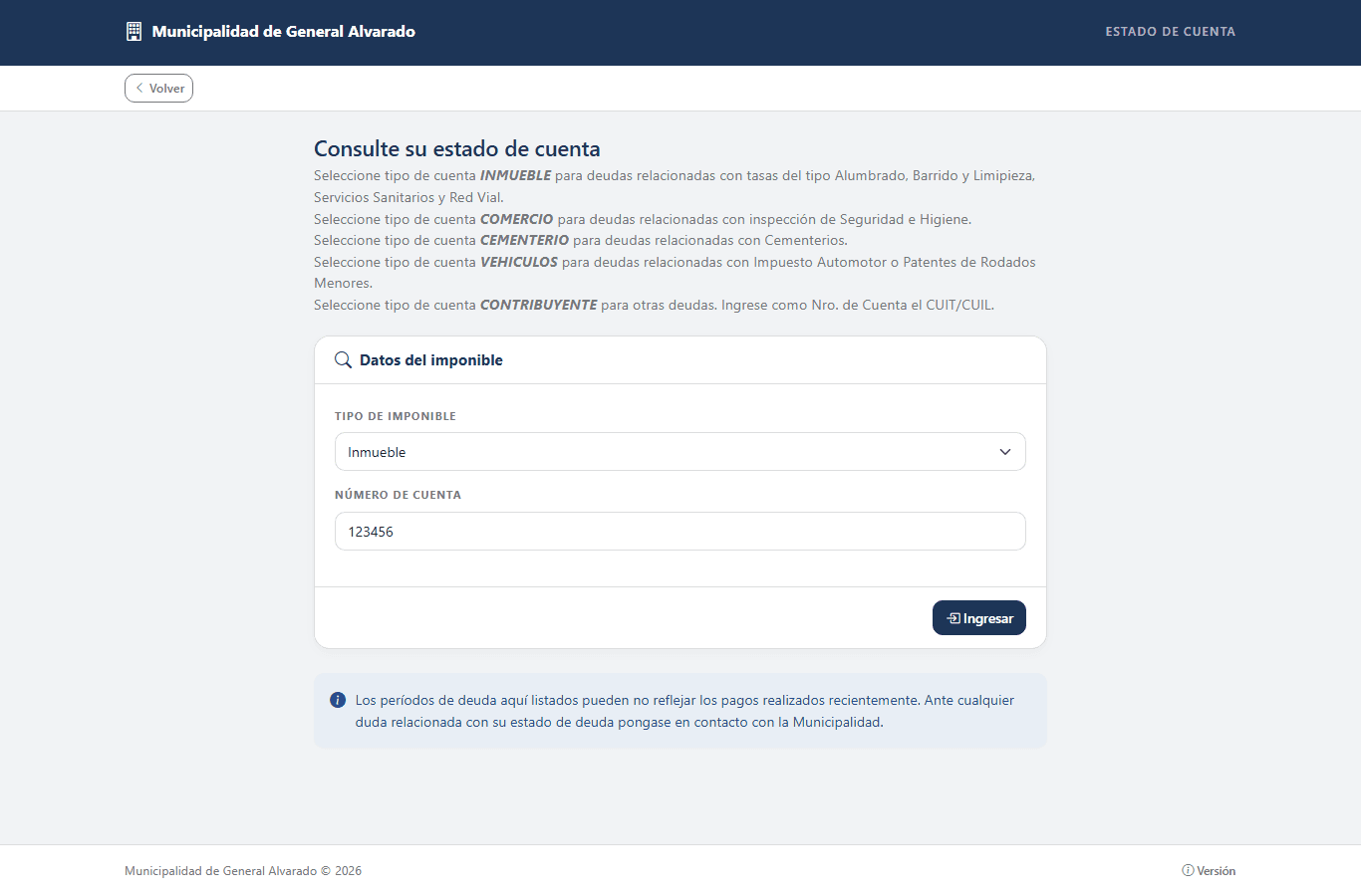 Portal de la Municipalidad de General Alvarado para consultar el estado de cuenta de un inmueble